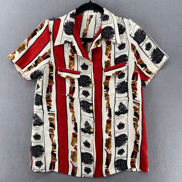 Vtg Camp Shirt No Tags Womens M/L? Abstract Geometric Mid Century Print Bowling - Picture 1 of 12